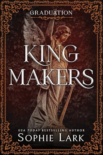 Book cover with a statue, ornate border, and dark red background.