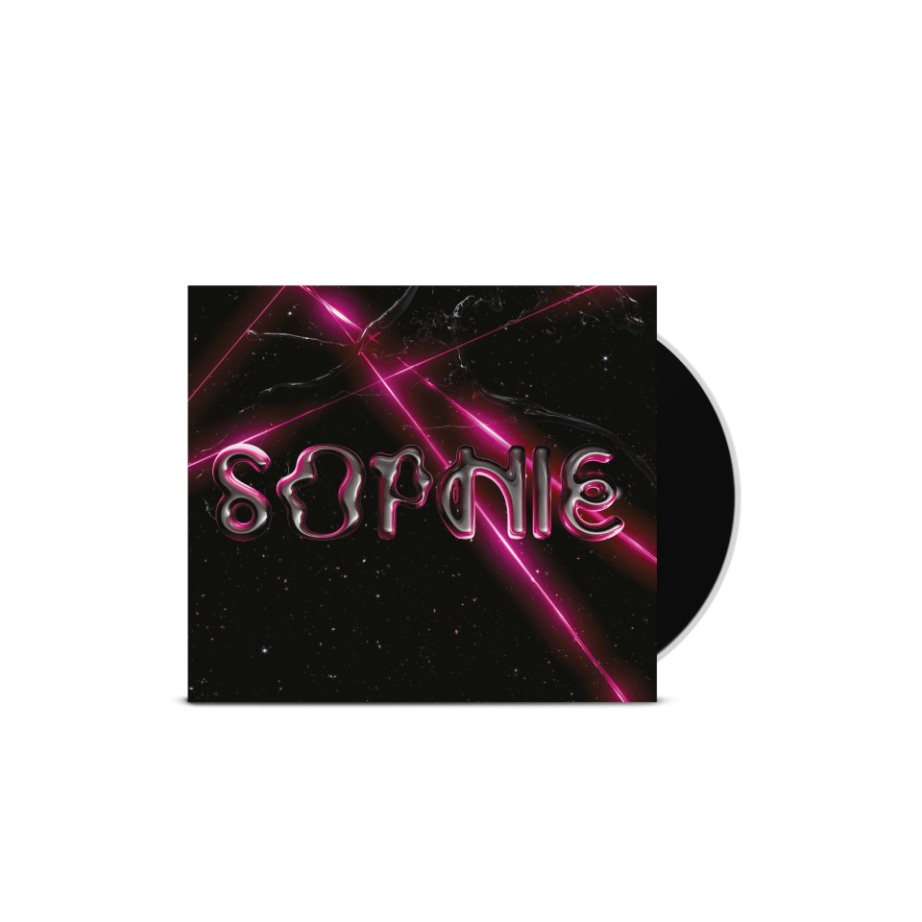 CD cover for SOPHIE’s album, with neon pink text and starfield background.