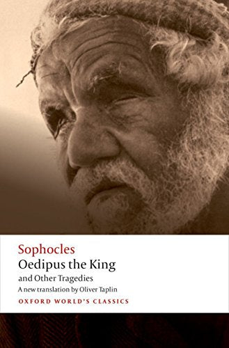Book cover featuring a close-up portrait of an aged man, “Oedipus the King.”