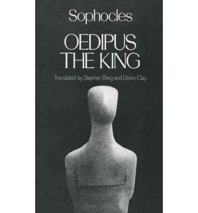 Black book cover with white text: “Oedipus the King” and a stone bust.