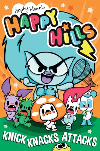 A blue creature with a net towers over five small, panicked, colorful cartoon characters.