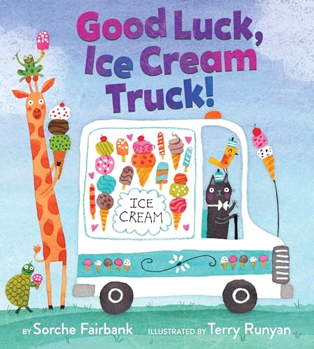 Children’s book cover with giraffe, ice cream truck, and colorful cones.