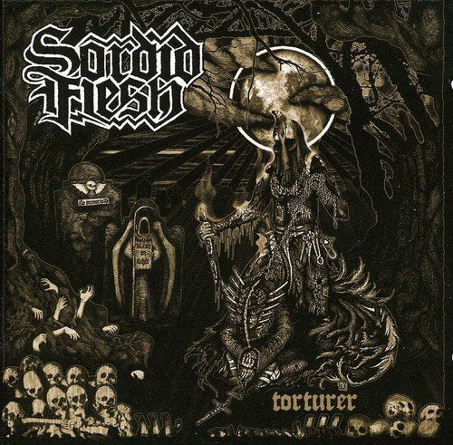 Dark album cover depicting a torturer figure with skulls and shadowy figures.