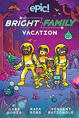BookSSBook cover featuring a family of four in yellow spacesuitsLuits and a small robot.