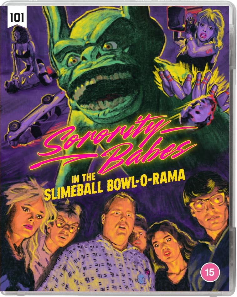 Blu-ray cover for "Sorority Babes in the Slimeball Bowl-O-Rama" featuring a monster.