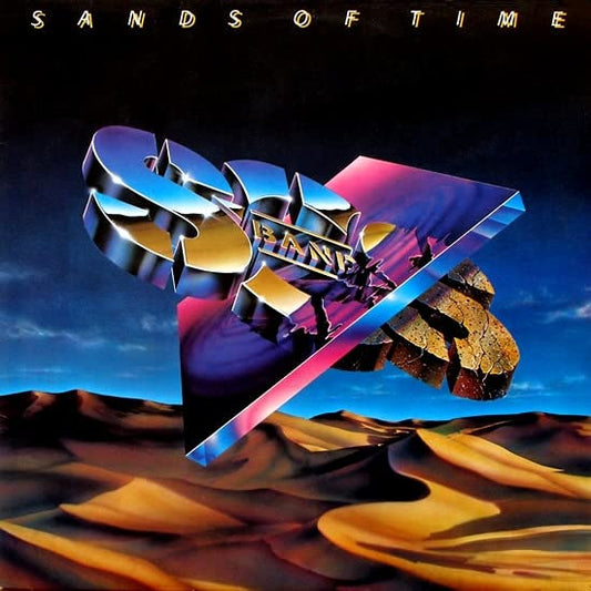 Album cover for S.o.s. Band’s “Sands Of Time” with stylized text and desert scene.
