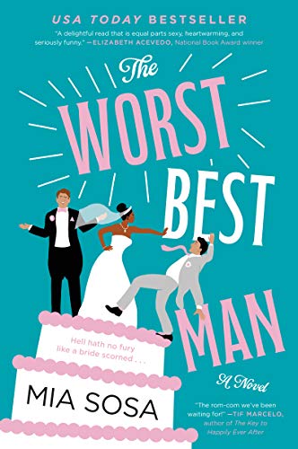 Book cover with a bride, groom, and man falling off a wedding cake.