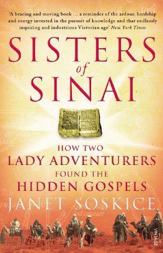Book cover for Sisters of Sinai featuring an open ancient manuscript and desert travelers.