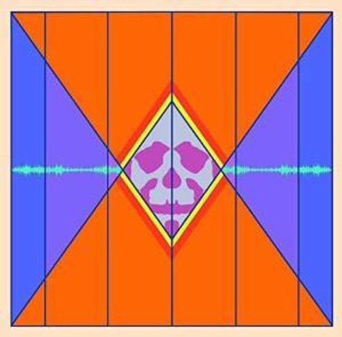 The image depicts a vinyl record cover with a geometric design, featuring a skull.