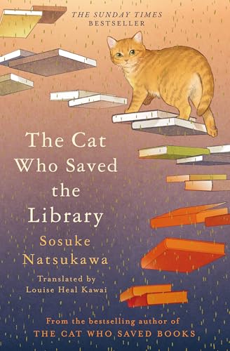 An orange tabby cat walks across a staircase made of floating books.