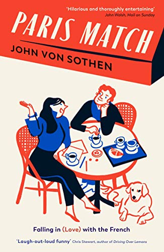 Book cover: couple at a cafe table with a dog, illustrated style.