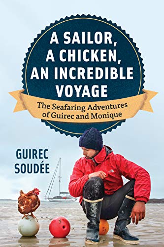 Book cover featuring a man, a chicken, and a sailboat at sea.