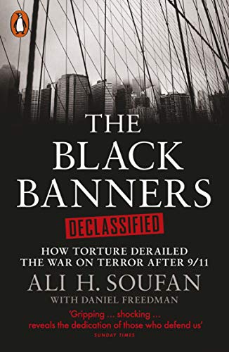 Book cover: “The Black Banners Declassified” with city skyline and wires.