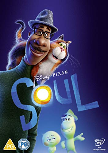 Joe Gardner with a cat on his shoulder and two souls below on DVD cover.