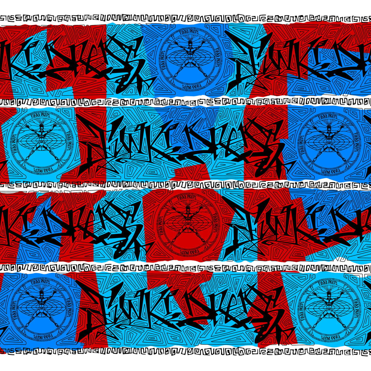 Geometric red and blue vinyl record cover with circular designs and text.