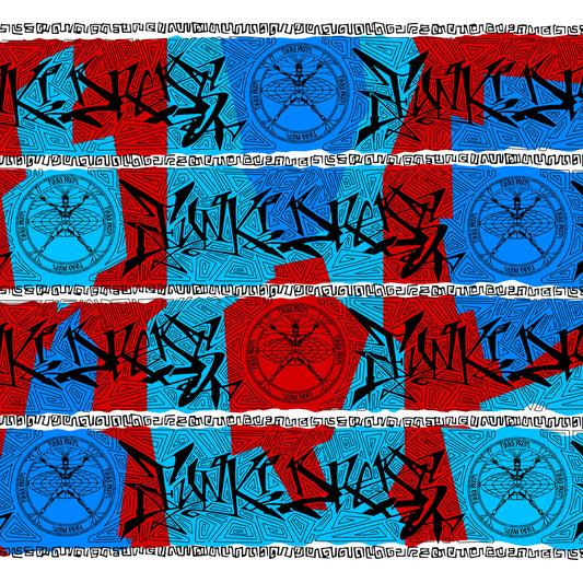 Geometric red and blue vinyl record cover with circular designs and text.