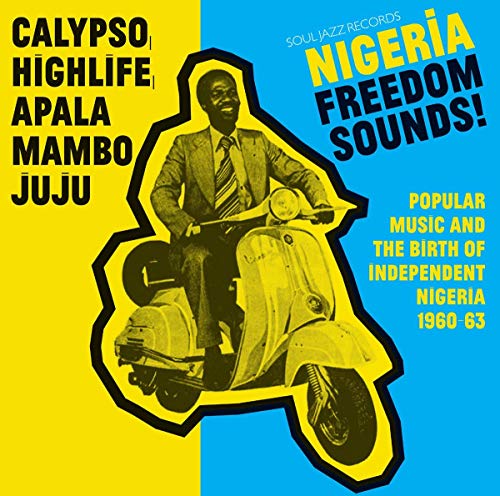 CD cover: man on a scooter, vibrant colors, Nigerian music compilation.