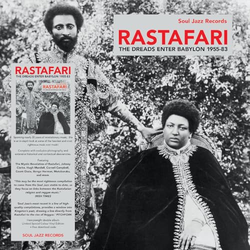 Black and white vinyl cover featuring Haile Selassie and text Rastafari The Dreads Enter Babylon.