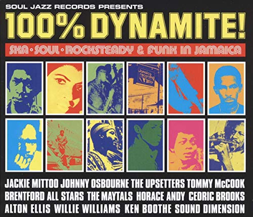 Album cover for "100% Dynamite!" featuring portraits of Jamaican musicians.