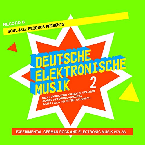 Album cover for "Deutsche Elektronische Musik" with a red star and blue text.