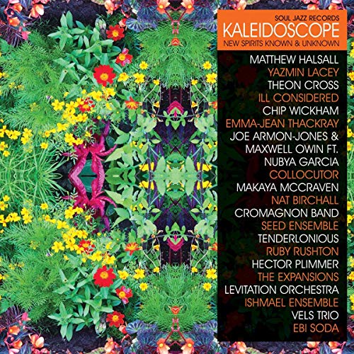 Vinyl record cover with colorful floral pattern and artist names listed.