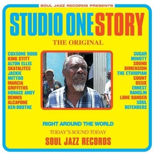 Yellow record cover featuring portrait of Coxsone Dodd and other musicians.