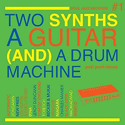 Record cover with bold text and a drum machine illustration on green.