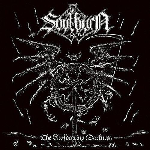 Black and white album cover with gothic lettering and demonic imagery.