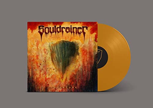 Orange vinyl record with album cover featuring dark, fiery imagery.