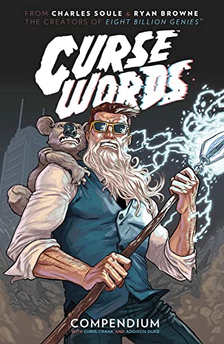 Book cover: illustrated man with koala, holding a staff, lightning effects.