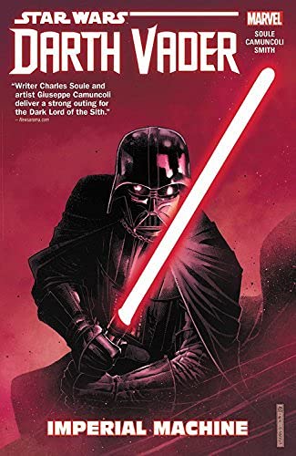 Darth Vader with red lightsaber, comic book cover, dark and dramatic art.