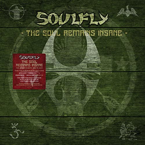 Soulfly album cover: dark woodgrain with tribal symbols and a biohazard design.