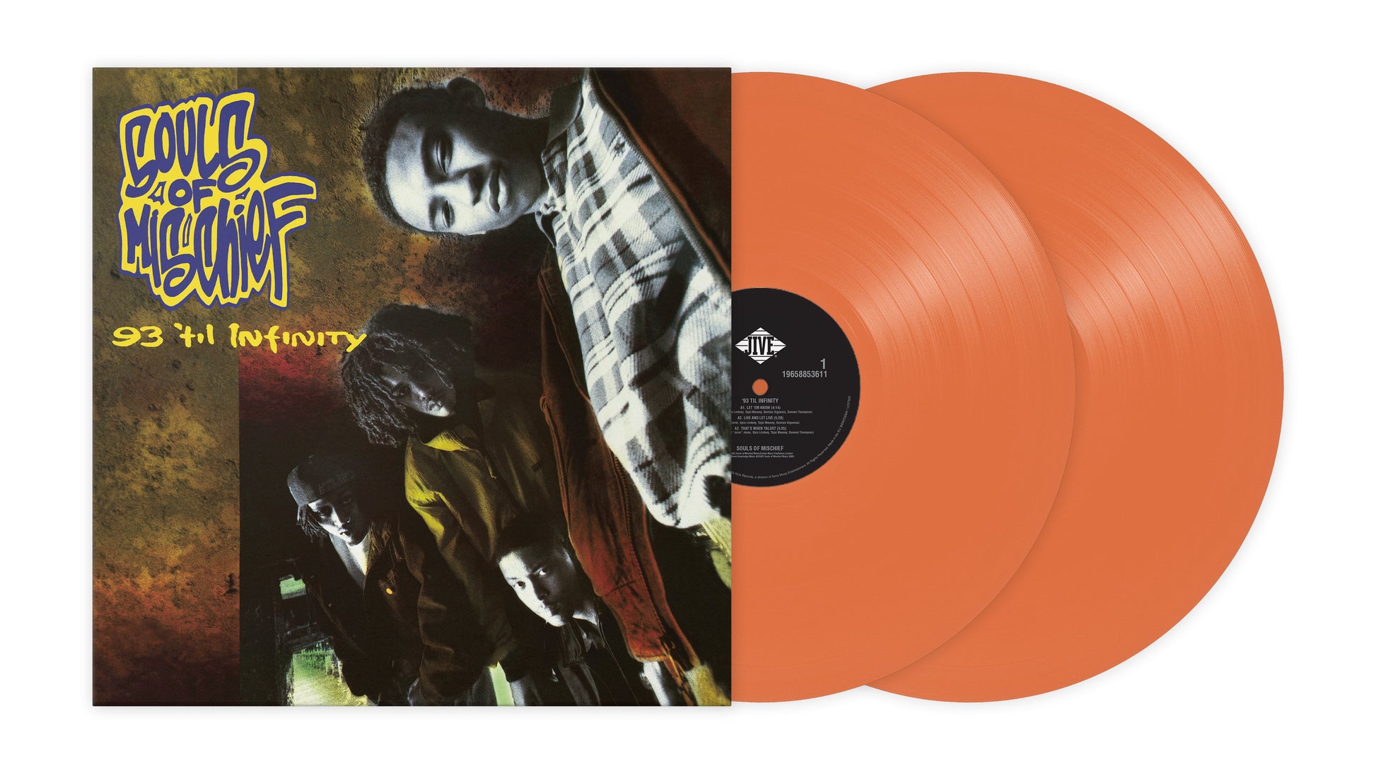 Souls of Mischief 93 'Til Infinity album cover with two orange vinyl records.