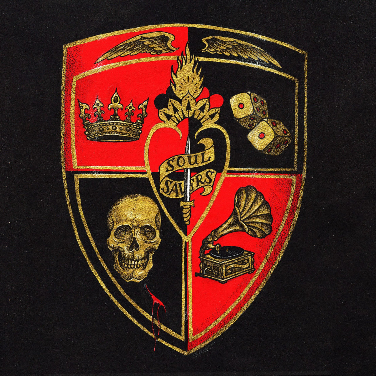 Gold and red shield with skull, heart, crown, and musical imagery.