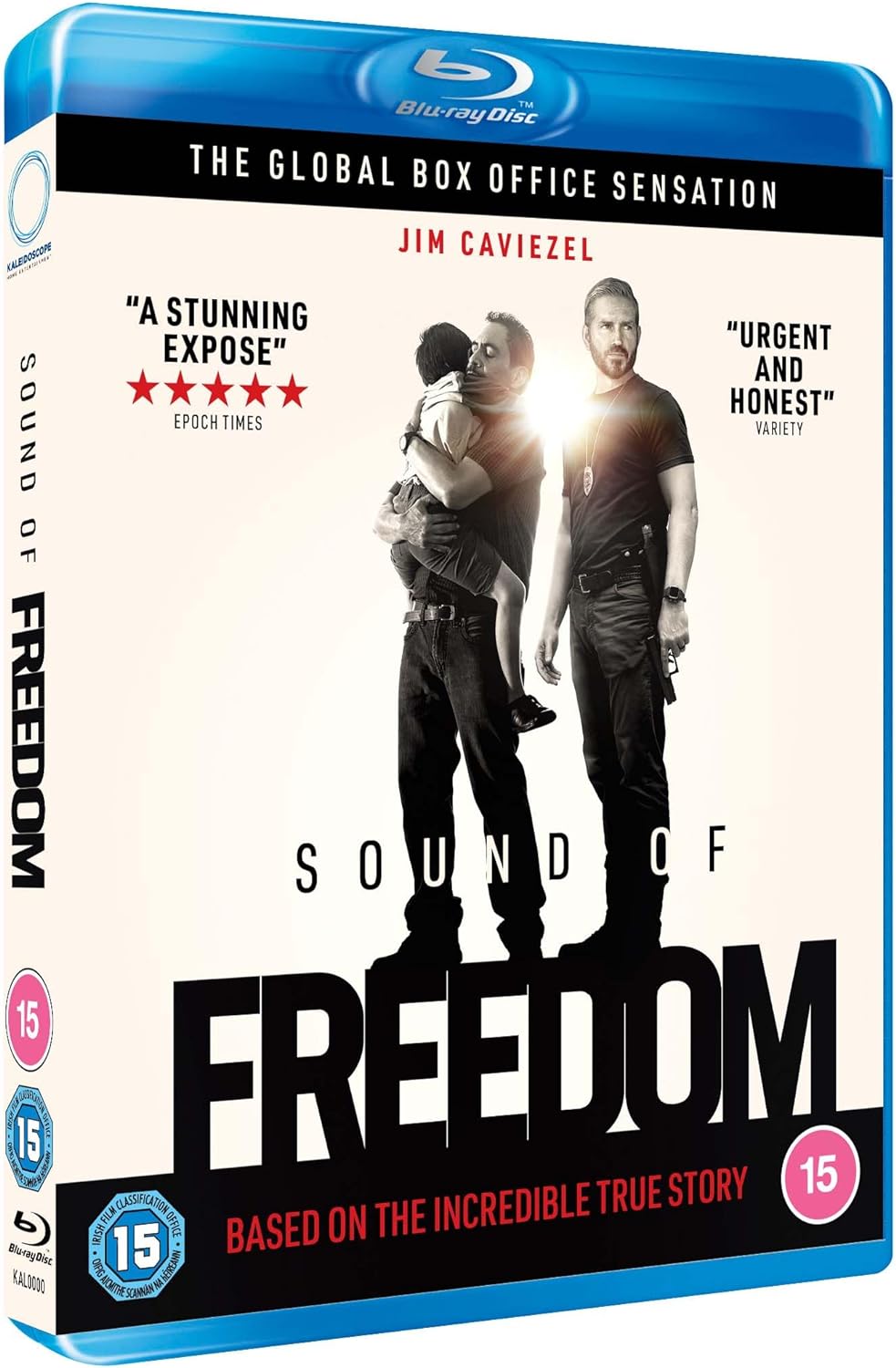 Blu-ray cover for Sound of Freedom featuring Jim Caviezel holding a child.