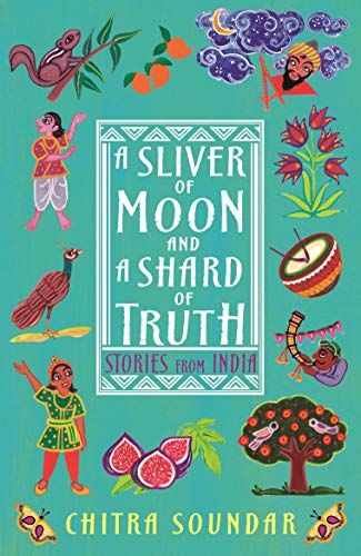 Book cover with teal background, central title text, and colorful illustrations of Indian folklore.