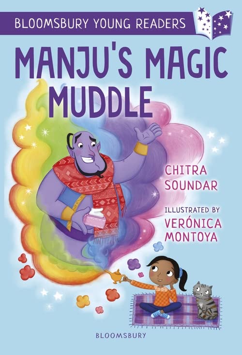 Book cover: girl, genie, and cat with colorful magical elements.