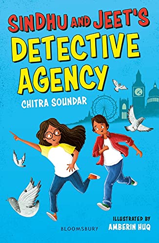 Book cover: two children and pigeons with London landmarks in background.