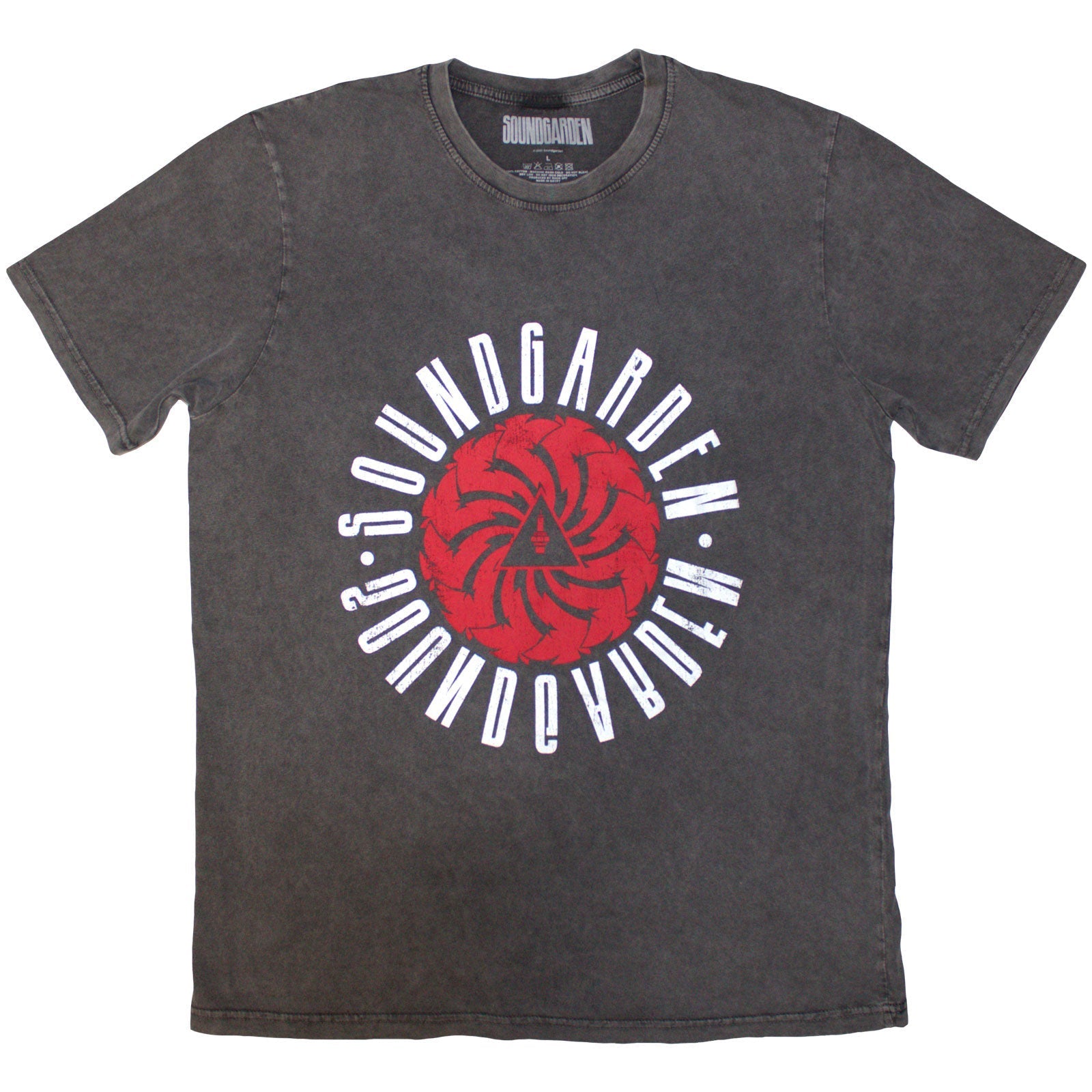 Charcoal t-shirt with red and black circular Soundgarden band logo.