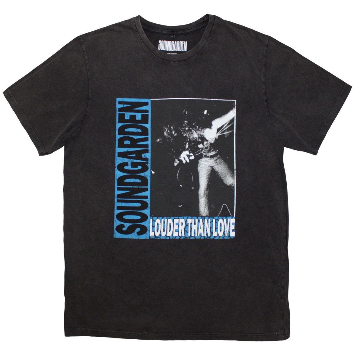 Washed black t-shirt featuring Soundgarden’s “Louder Than Love” album artwork.