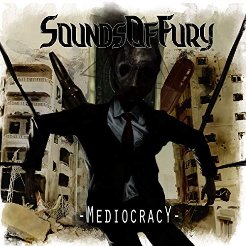 CD cover: figure with dark eyes in a suit, ruined city background.