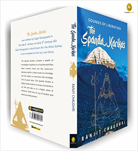 Book cover for The Spanda Karikas featuring a mountain, Shiva illustration, and white text.