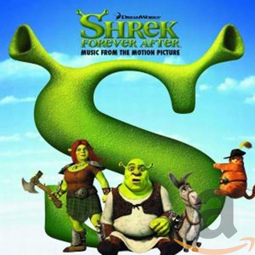 Shrek Forever After soundtrack CD cover featuring Shrek, Fiona, Puss in Boots, and Donkey.