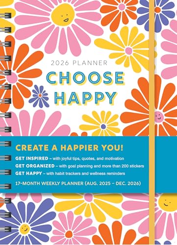 Spiral-bound 2026 planner with colorful smiling daisies and a blue informational banner.