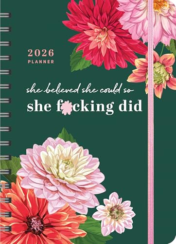 Green 2026 planner with floral cover and motivational text.