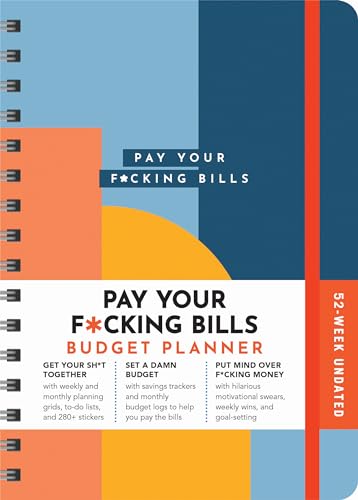 Spiral-bound budget planner with colorful geometric design and bold text.