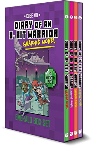 Four-book graphic novel set with pixelated characters and a dragon.
