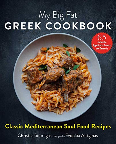 Cookbook cover with pasta and meat dish, titled "My Big Fat Greek Cookbook".