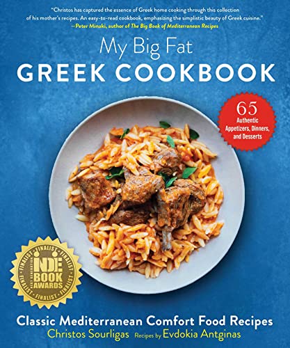 Cookbook cover featuring a bowl of Greek food with text “My Big Fat Greek Cookbook”.