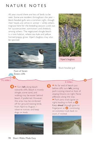 Book page showing birds, coastal views, and walking route map of South Downs.